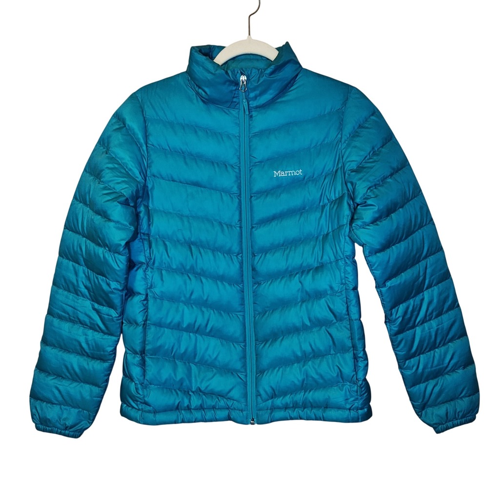 Marmot Puffer Jacket Women Medium Teal Blue 800 Fill Goose Down Quilted Full Zip